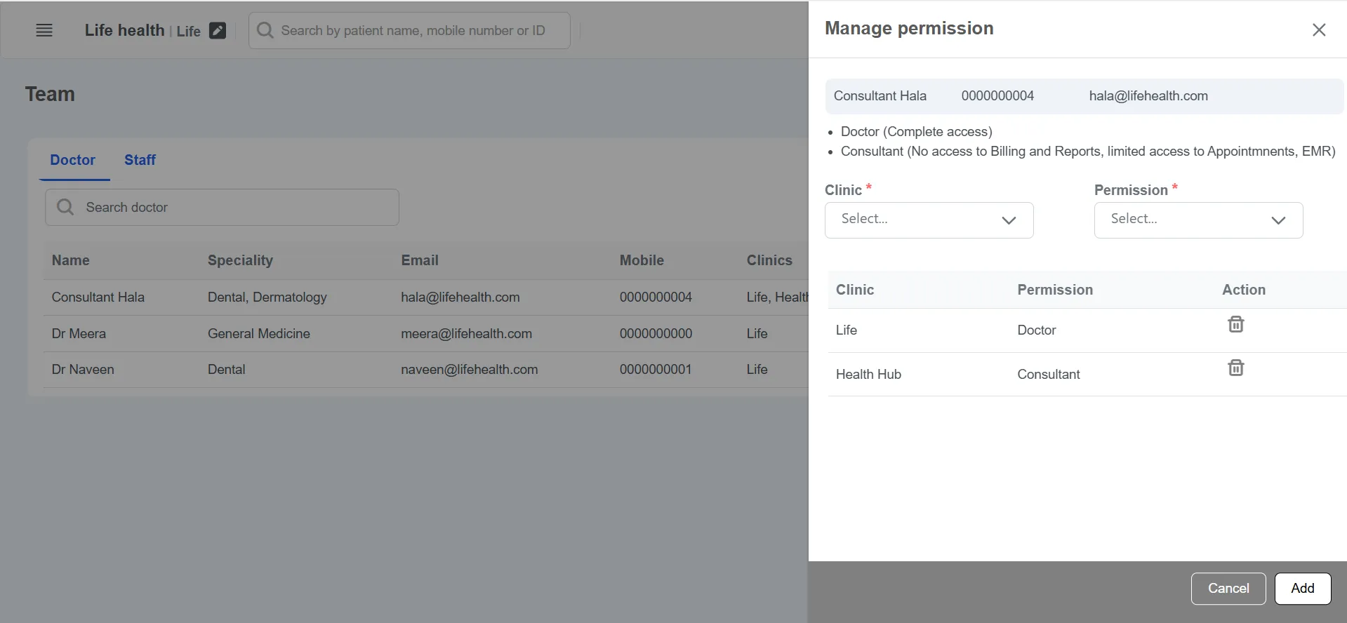 Clinicoz doctor management add permission