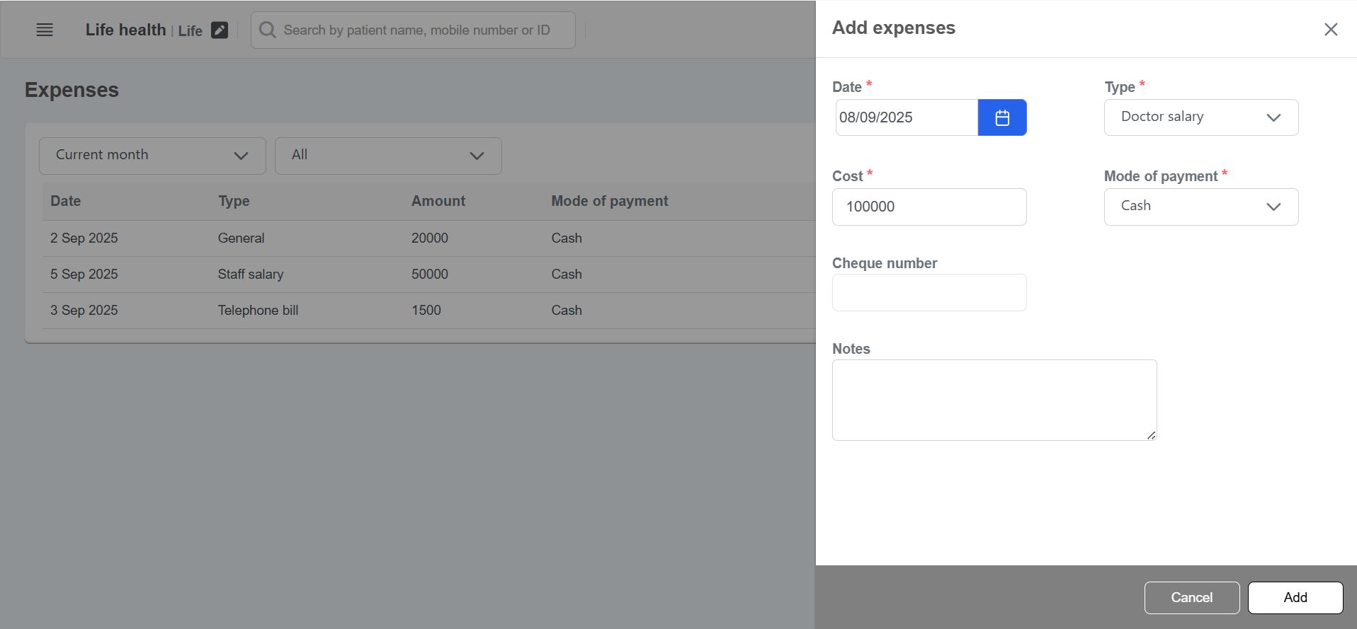 Clinicoz expenses management add expenses