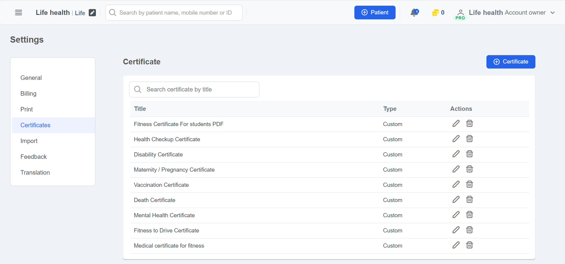 Clinicoz patient medical certificate table