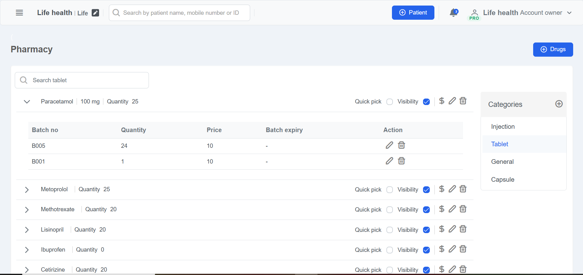 Clinicoz pharmacy and inventory management table