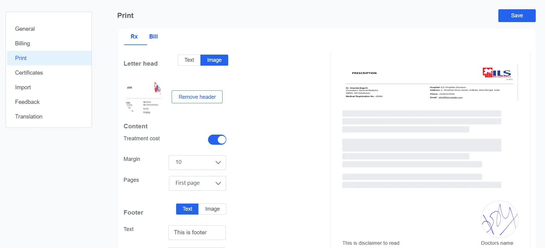 Clinicoz clinic Print and Letterhead settings for Patient Prescription and Bills