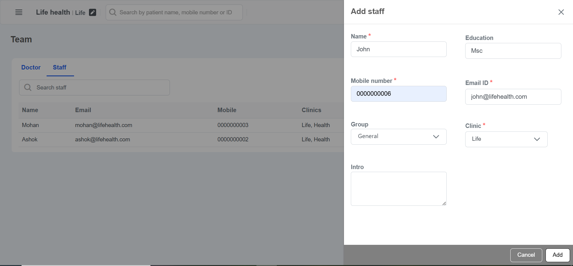 Clinicoz staff management add staff