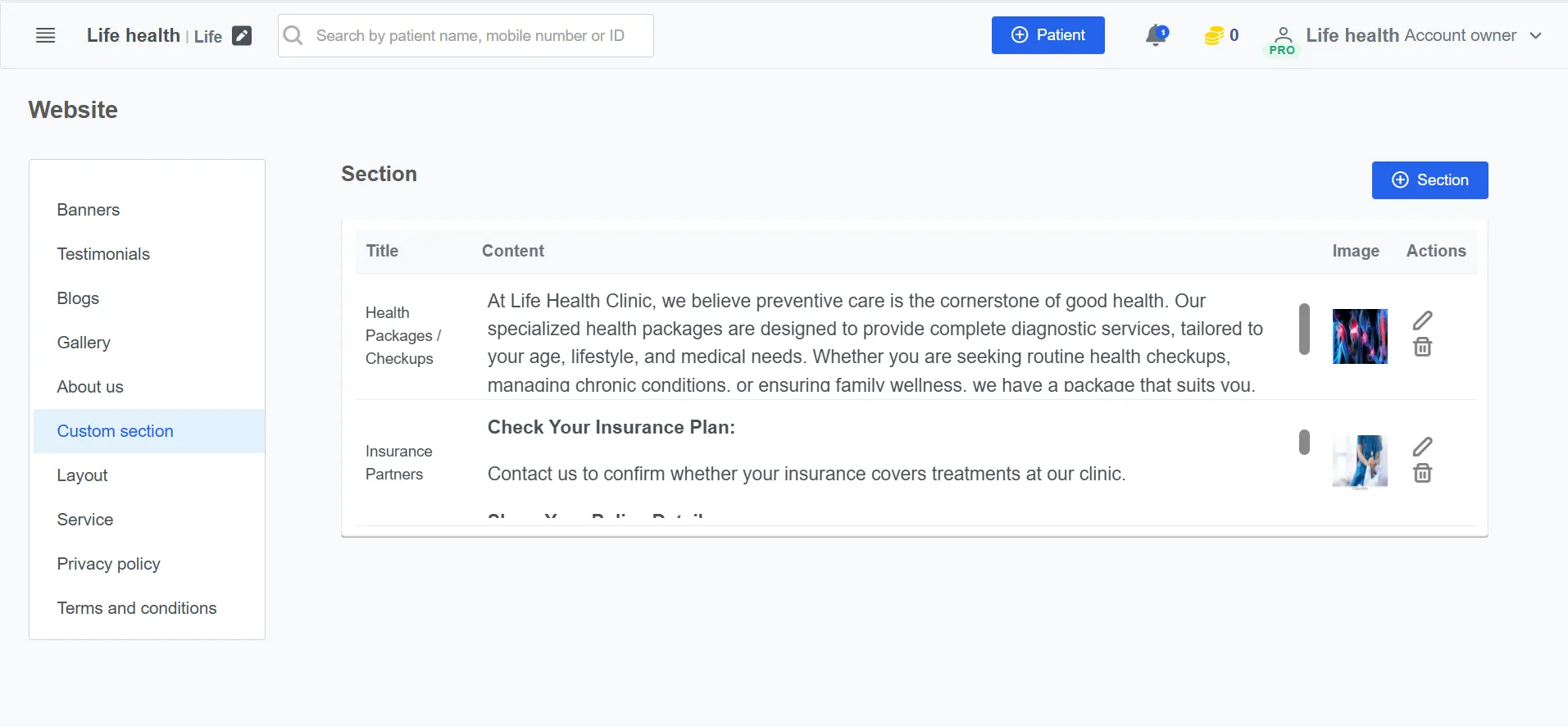 Clinicoz Free clinic website layout