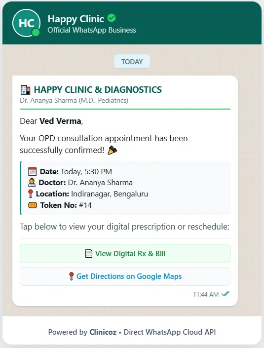 Branded WhatsApp chat preview showing appointment reminder, confirmation and invoice